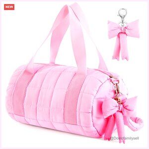 Quilted Puffer Ballet Dance Tote Bag with Hanging Bow Pendant